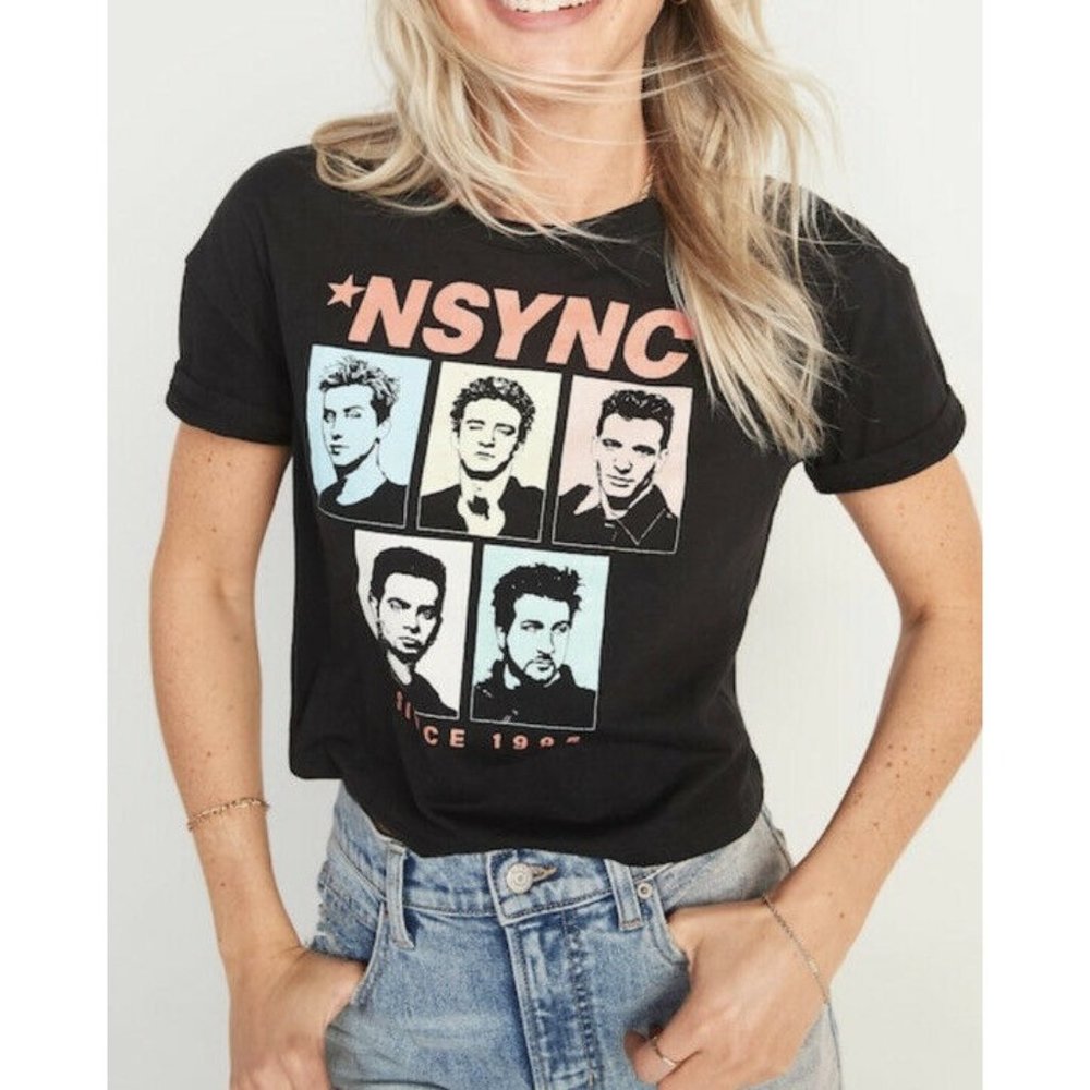 *NSYNC Boy Band Screen Print x Old Navy Black Crop T Shirt Large L New with Tags